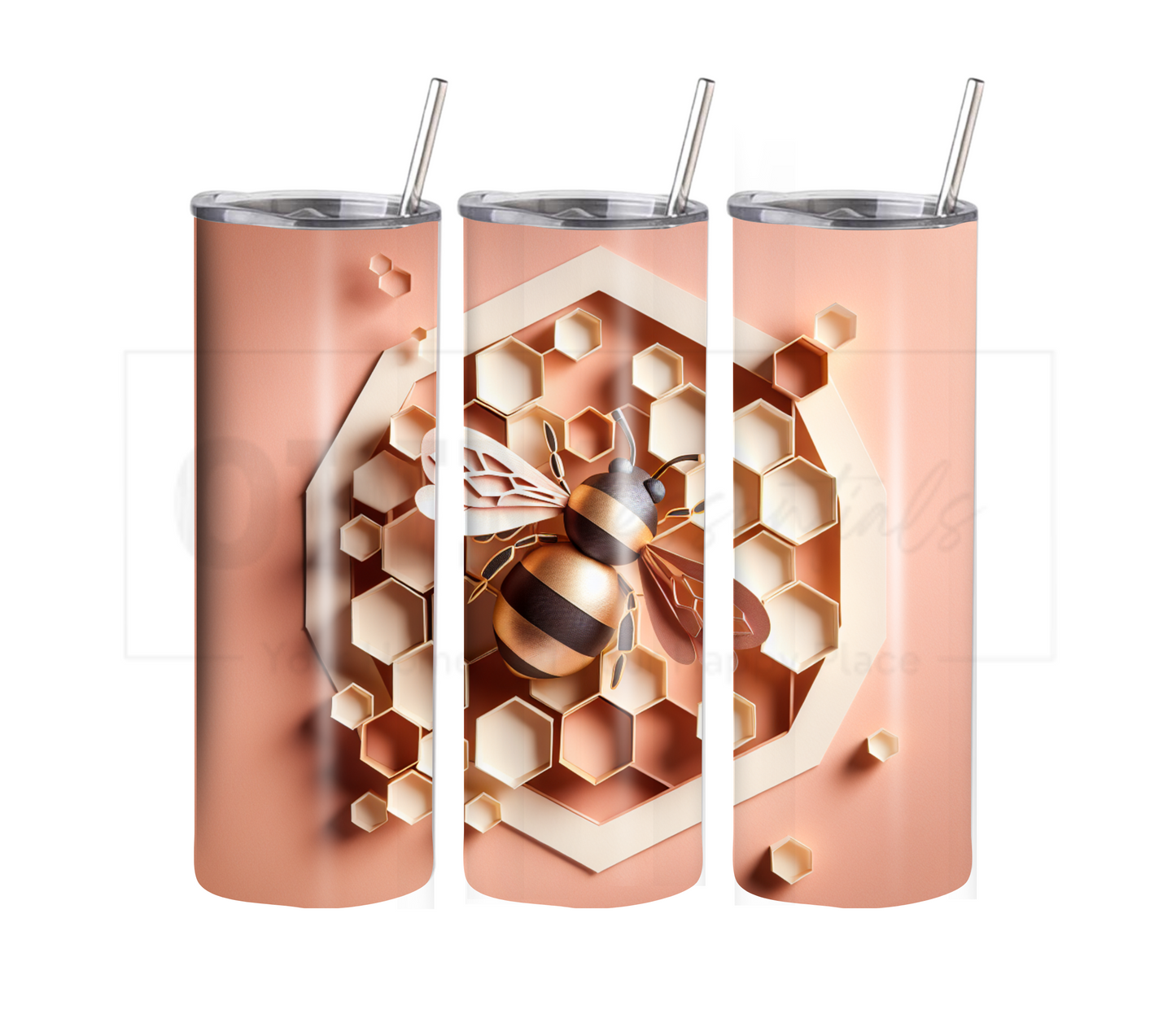 3D Bee with Honeycomb - PINK 20 oz Skinny Tumbler with Straw - Stainless Steel, Eco-Friendly, Reusable Metal Straw - Lid Drink Drinkware Water Bottles