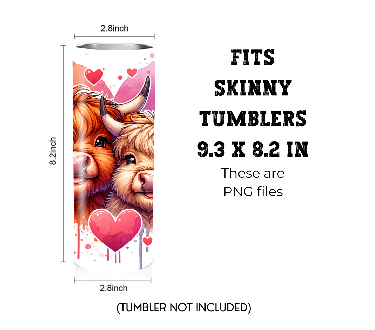 Highland Cow Hearts 20 oz Skinny Tumbler Sublimation Design - PNG Instant  - DIGITAL DOWNLOAD