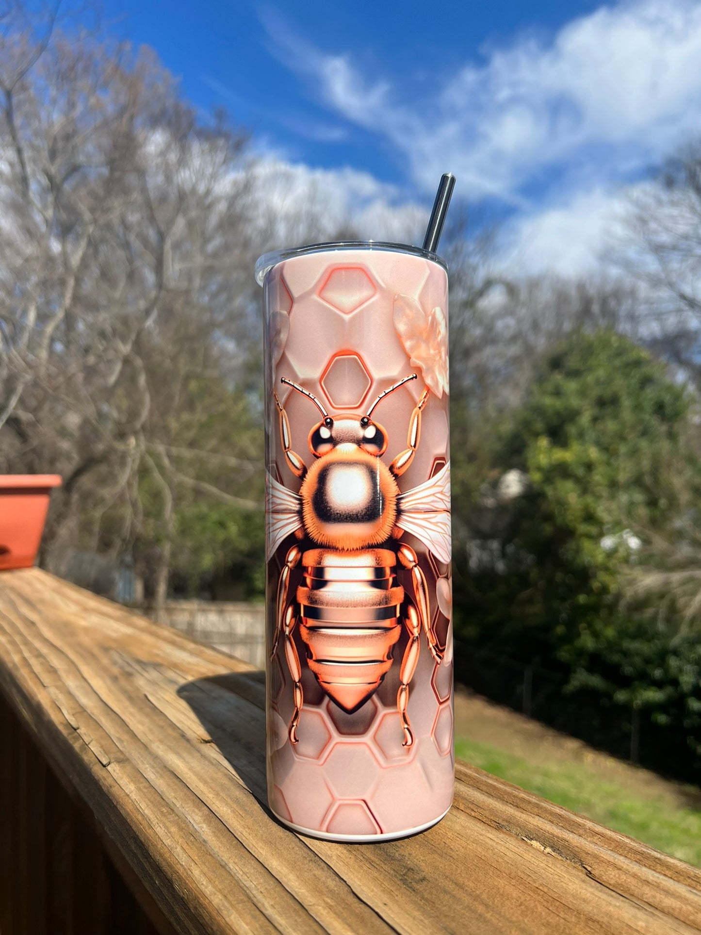 3D Bee with Honeycomb - Rose Gold 20 oz Skinny Tumbler with Straw - Stainless Steel, Eco-Friendly, Reusable Metal Straw - Lid Drink Drinkware Water Bottles