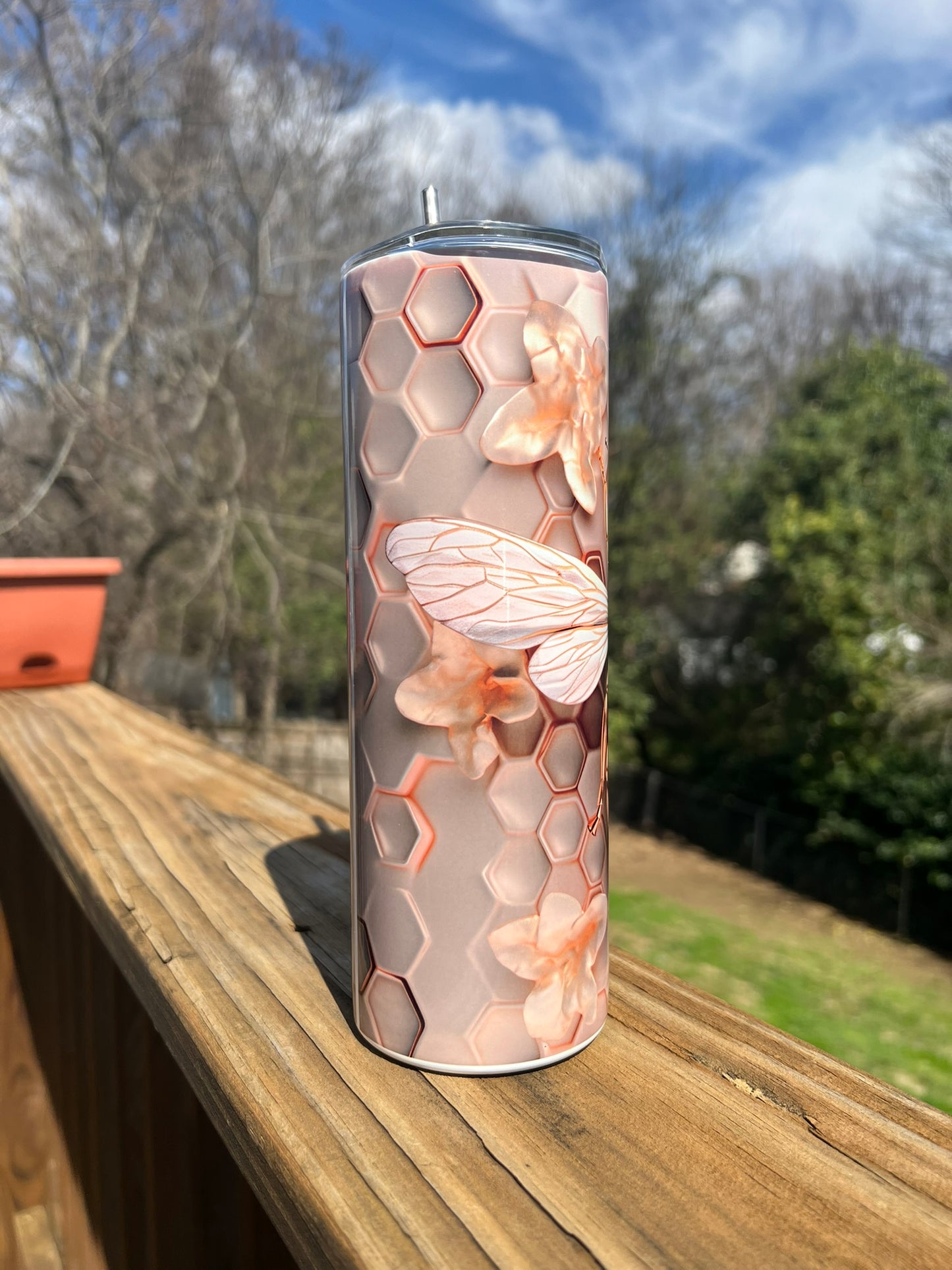 3D Bee with Honeycomb - Rose Gold 20 oz Skinny Tumbler with Straw - Stainless Steel, Eco-Friendly, Reusable Metal Straw - Lid Drink Drinkware Water Bottles