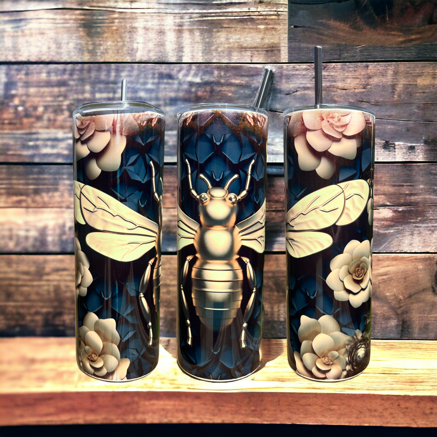 3D Bee with Honeycomb - Black/Gold 20 oz Skinny Tumbler with Straw - Stainless Steel, Eco-Friendly, Reusable Metal Straw - Lid Drink Drinkware Water Bottles