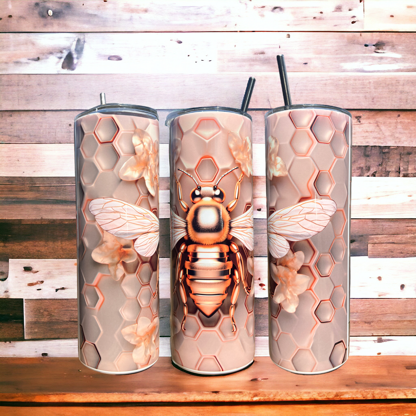 3D Bee with Honeycomb - Rose Gold 20 oz Skinny Tumbler with Straw - Stainless Steel, Eco-Friendly, Reusable Metal Straw - Lid Drink Drinkware Water Bottles