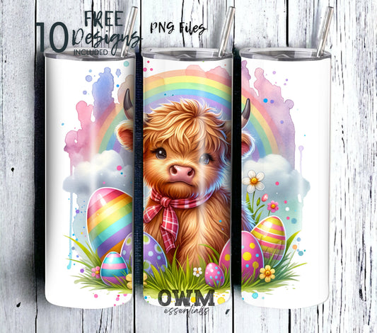 Highland Cow Easter Rainbow 20 oz Skinny Tumbler Sublimation Design - PNG Instant  - DIGITAL DOWNLOAD