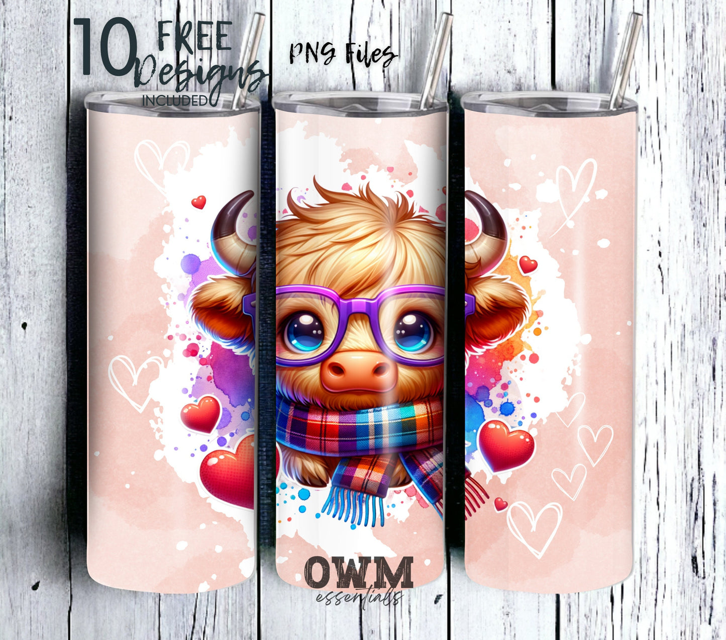Highland Cow Hearts 20 oz Skinny Tumbler Sublimation Design - PNG Instant  - DIGITAL DOWNLOAD
