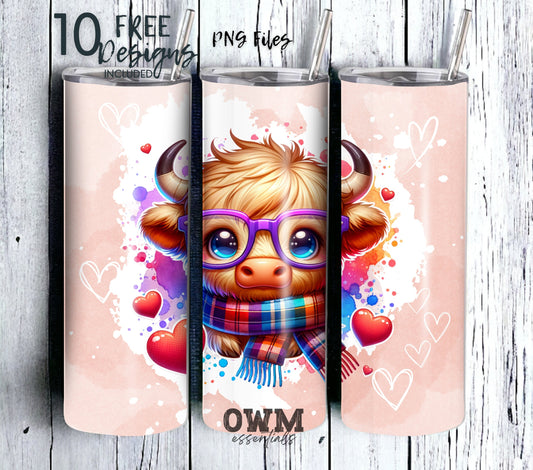 Highland Cow Hearts 20 oz Skinny Tumbler Sublimation Design - PNG Instant  - DIGITAL DOWNLOAD