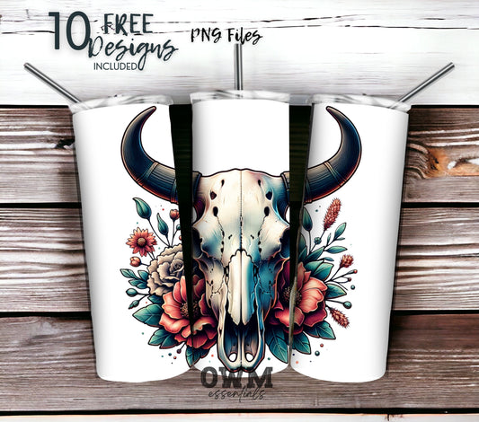Boho Cow Skull 20 oz Skinny Tumbler Sublimation Design - PNG Instant  - DIGITAL DOWNLOAD