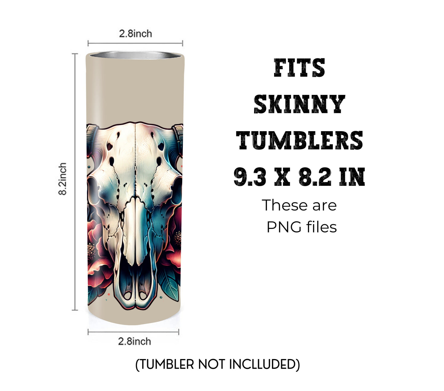 Boho Cow Skull 20 oz Skinny Tumbler Sublimation Design - PNG Instant  - DIGITAL DOWNLOAD