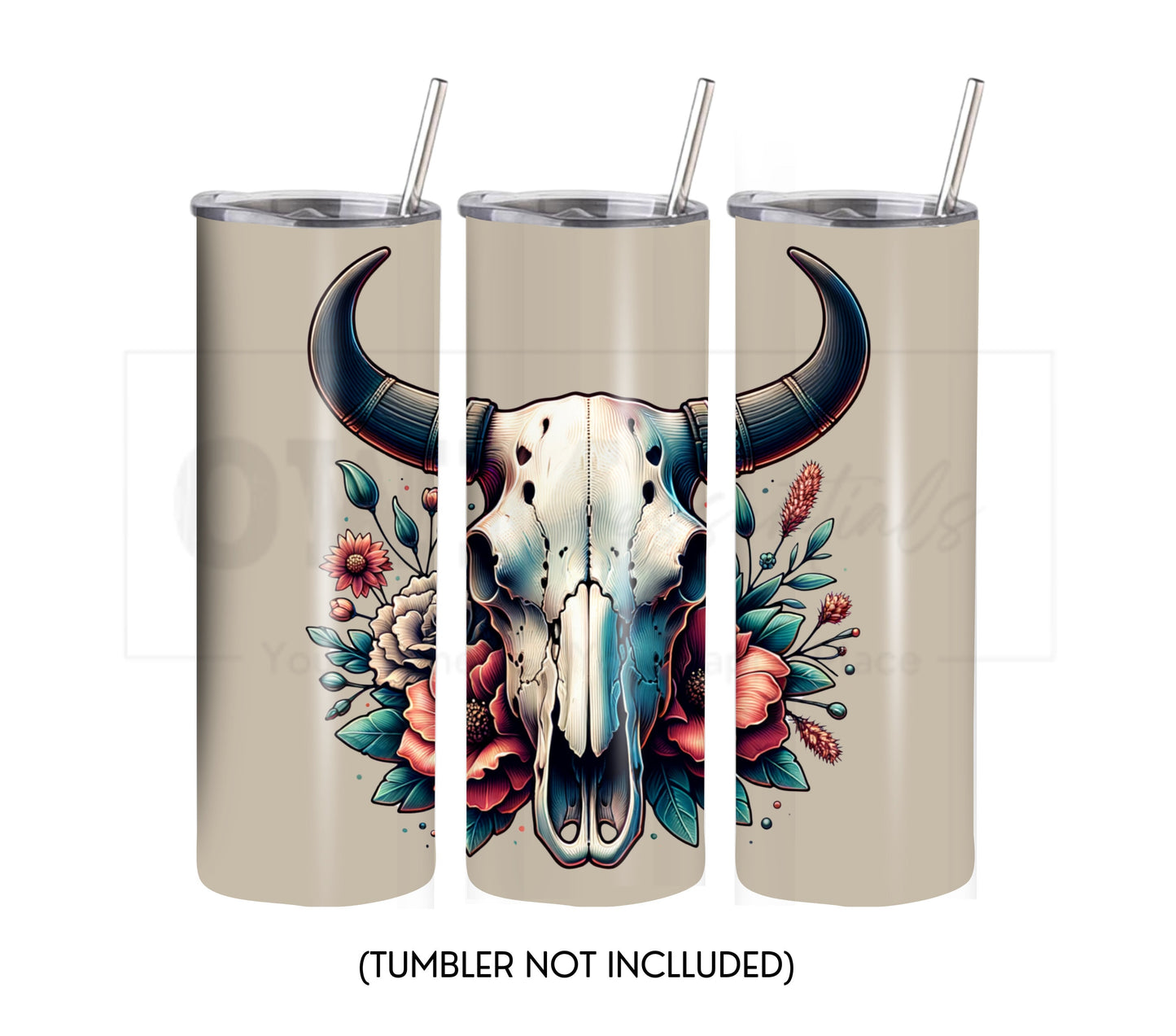 Boho Cow Skull 20 oz Skinny Tumbler Sublimation Design - PNG Instant  - DIGITAL DOWNLOAD