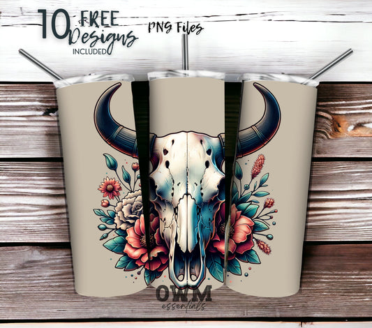 Boho Cow Skull 20 oz Skinny Tumbler Sublimation Design - PNG Instant  - DIGITAL DOWNLOAD