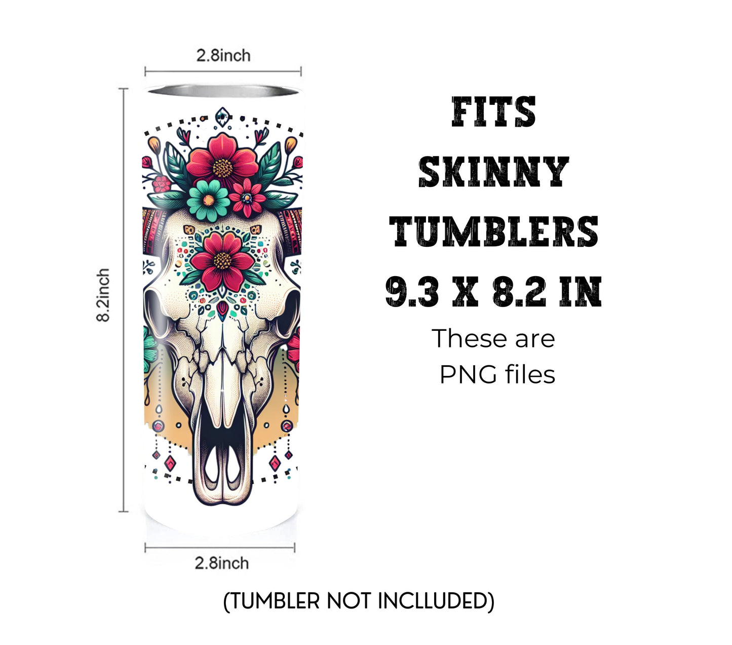 Boho Cow Skull 20 oz Skinny Tumbler Sublimation Design - PNG Instant  - DIGITAL DOWNLOAD