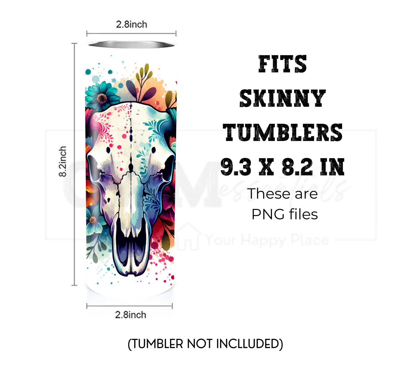 Boho Cow Skull 20 oz Skinny Tumbler Sublimation Design - PNG Instant  - DIGITAL DOWNLOAD