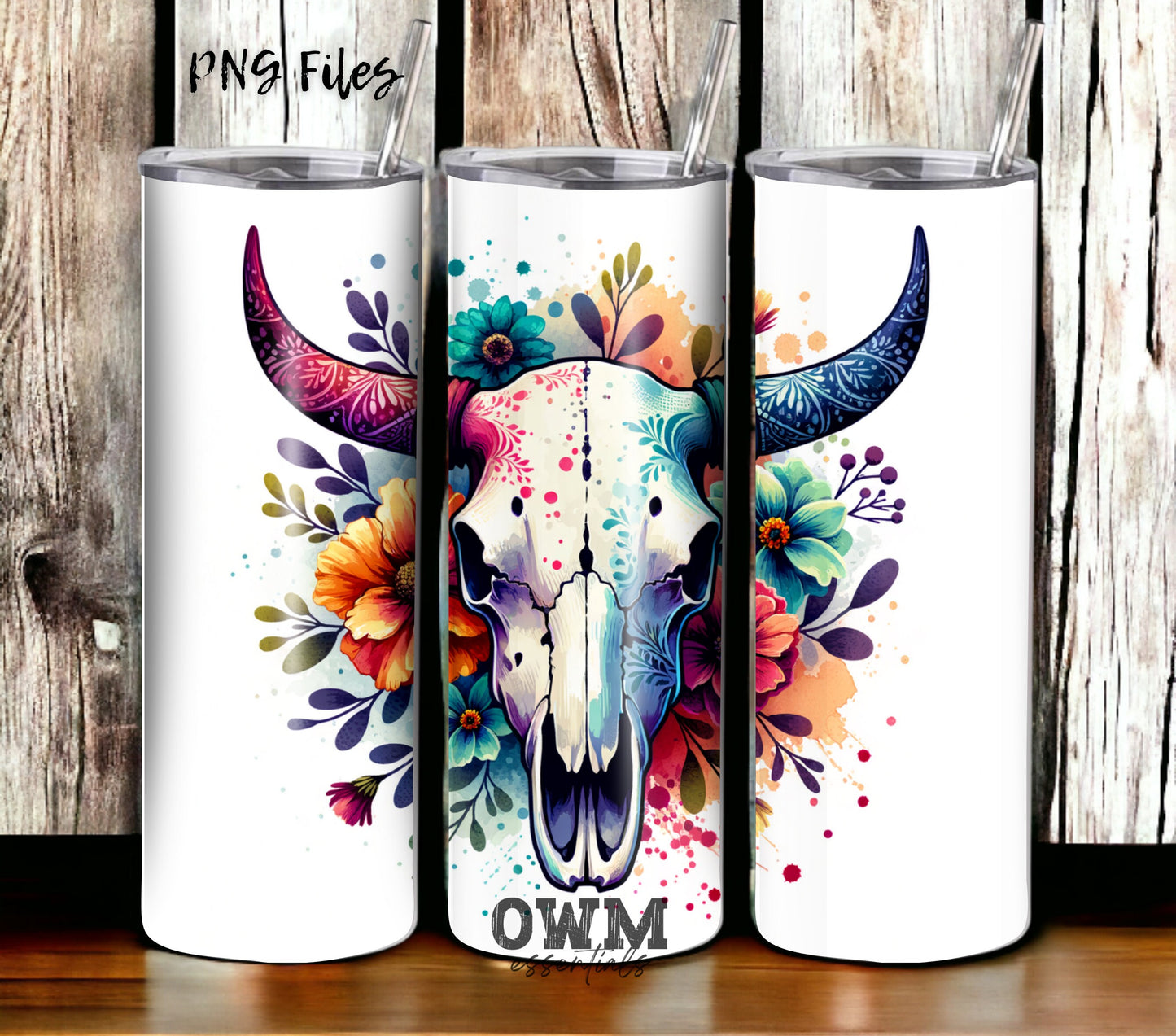 Boho Cow Skull 20 oz Skinny Tumbler Sublimation Design - PNG Instant  - DIGITAL DOWNLOAD