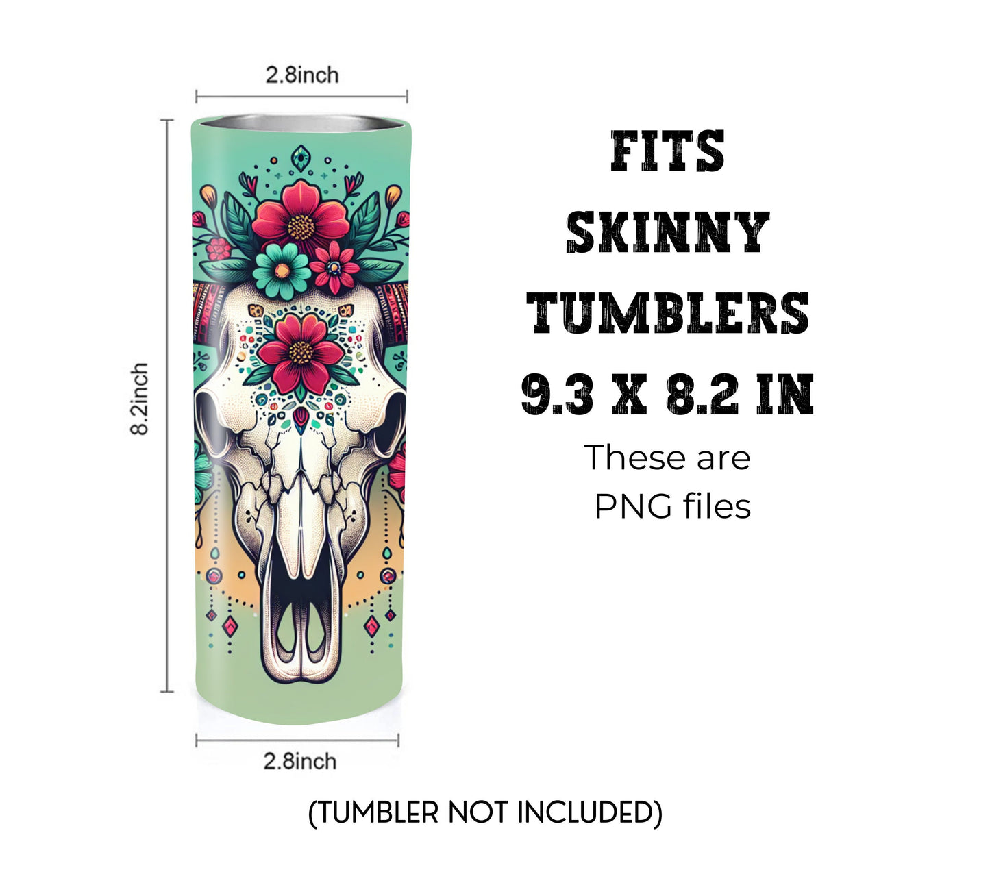 Boho Cow Skull 20 oz Skinny Tumbler Sublimation Design - PNG Instant  - DIGITAL DOWNLOAD