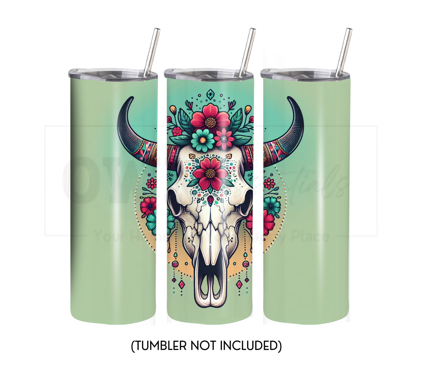 Boho Cow Skull 20 oz Skinny Tumbler Sublimation Design - PNG Instant  - DIGITAL DOWNLOAD