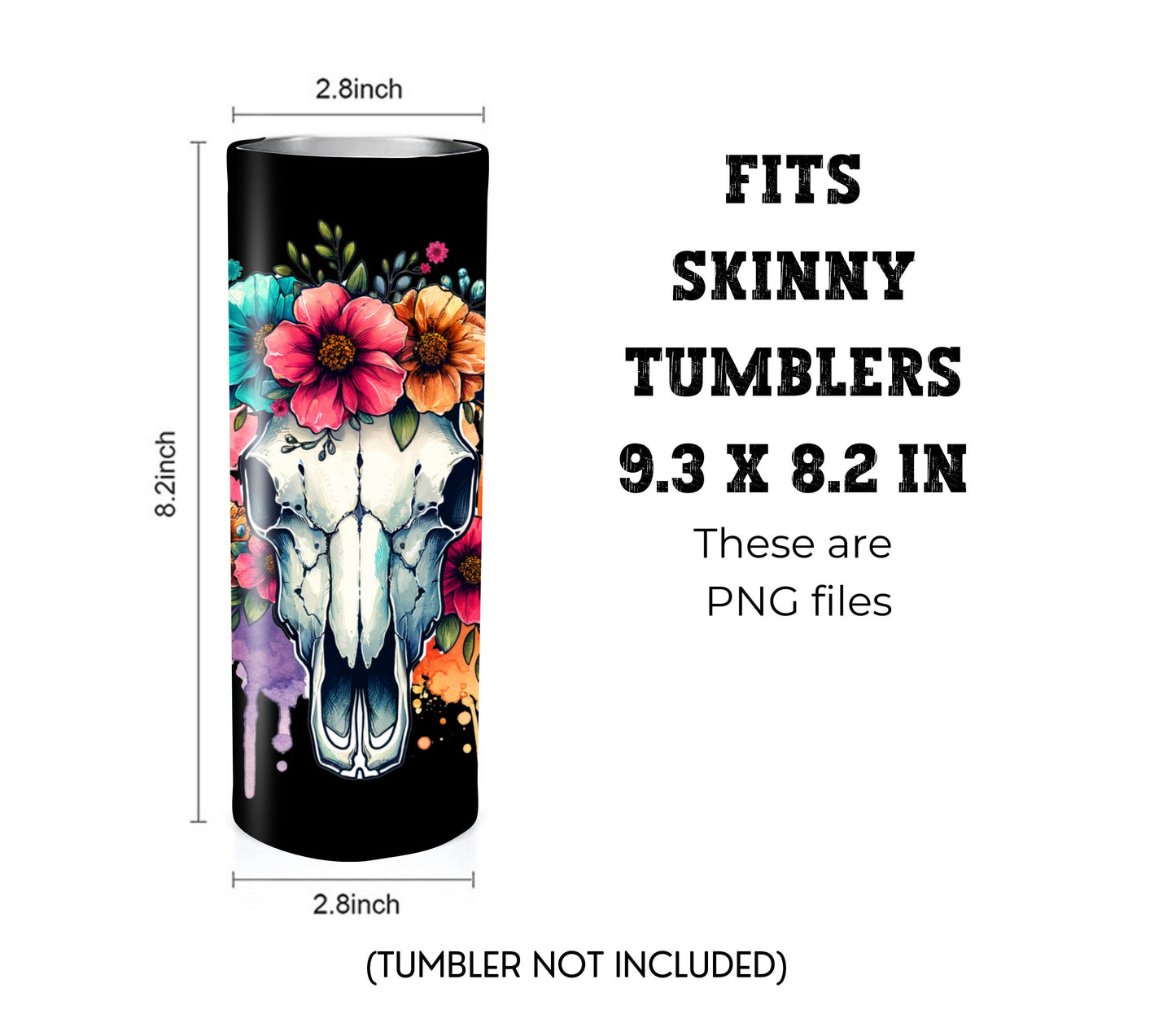 Boho Cow Skull 20 oz Skinny Tumbler Sublimation Design - PNG Instant  - DIGITAL DOWNLOAD