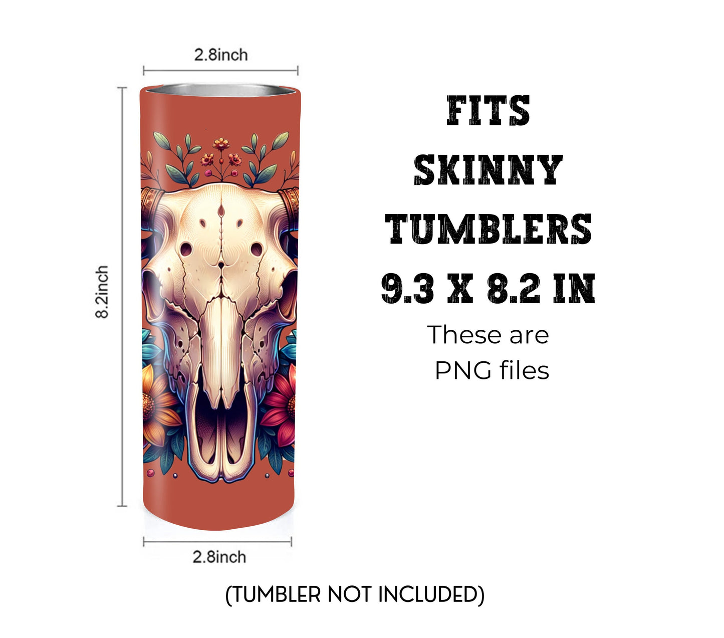 Boho Cow Skull 20 oz Skinny Tumbler Sublimation Design - PNG Instant  - DIGITAL DOWNLOAD
