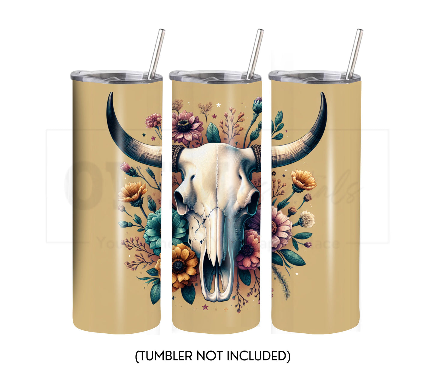 Boho Cow Skull 20 oz Skinny Tumbler Sublimation Design - PNG Instant  - DIGITAL DOWNLOAD