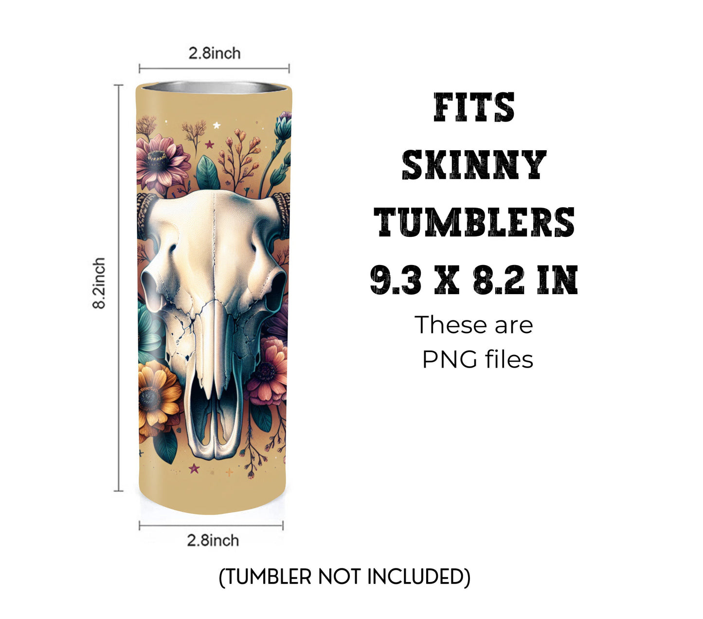 Boho Cow Skull 20 oz Skinny Tumbler Sublimation Design - PNG Instant  - DIGITAL DOWNLOAD
