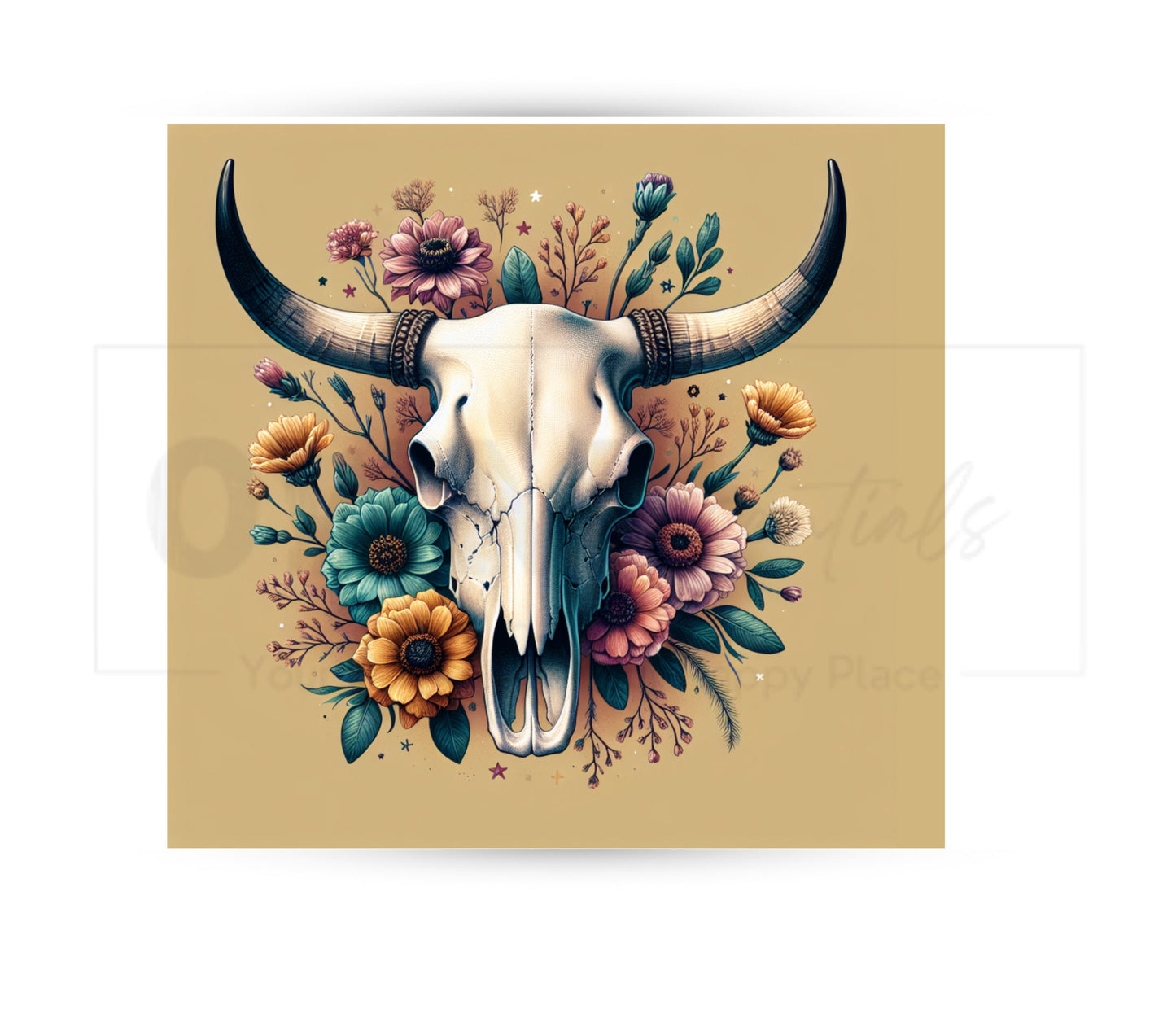 Boho Cow Skull 20 oz Skinny Tumbler Sublimation Design - PNG Instant  - DIGITAL DOWNLOAD