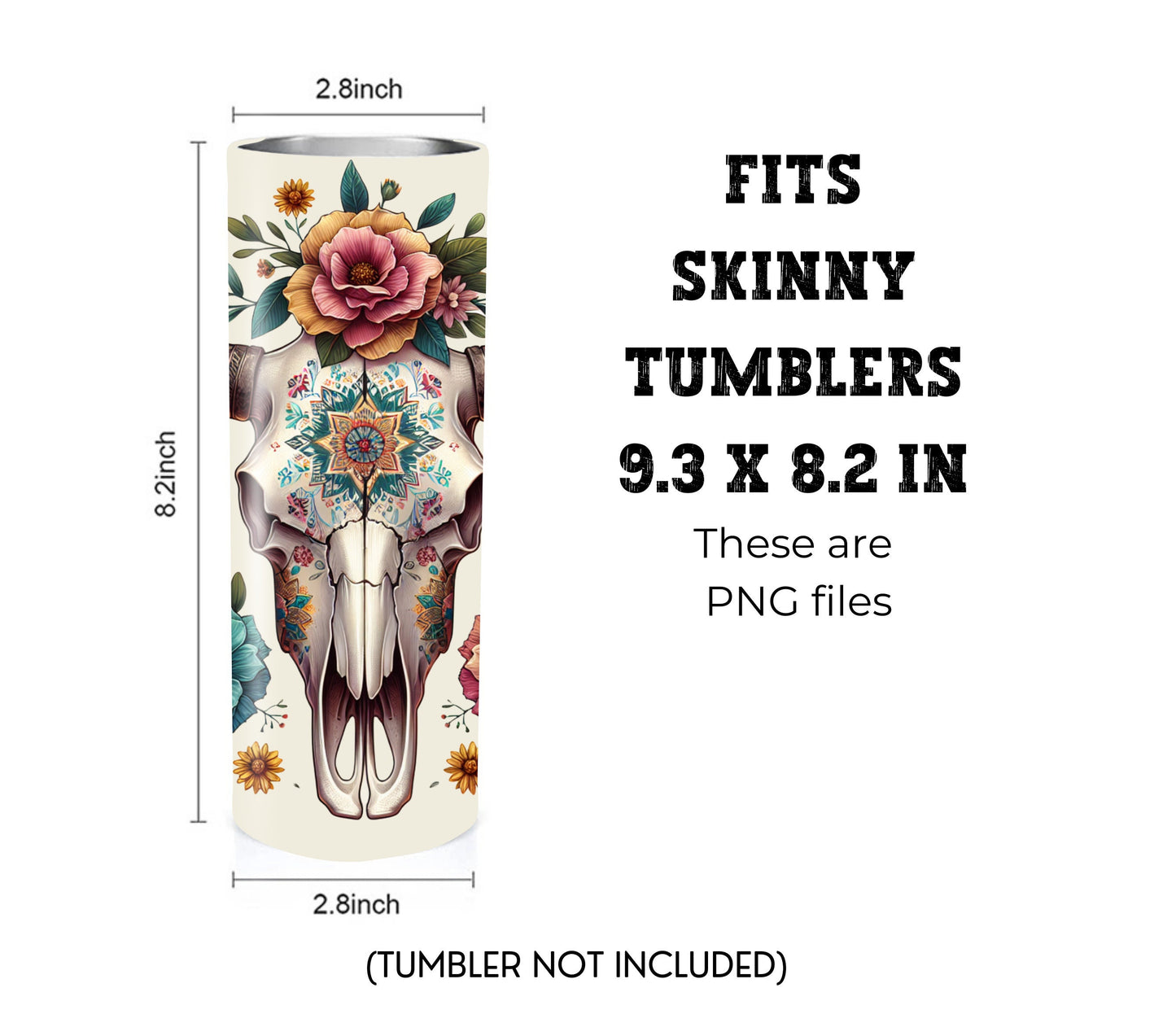 Boho Cow Skull 20 oz Skinny Tumbler Sublimation Design - PNG Instant  - DIGITAL DOWNLOAD