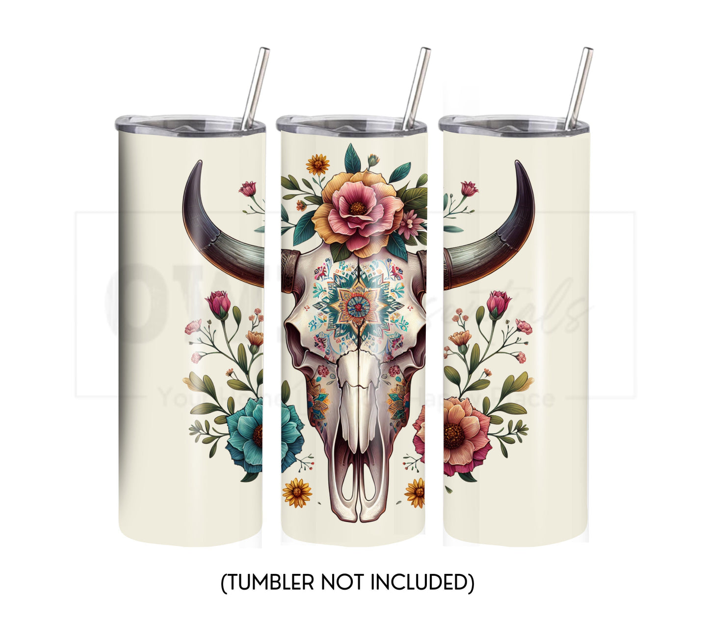 Boho Cow Skull 20 oz Skinny Tumbler Sublimation Design - PNG Instant  - DIGITAL DOWNLOAD