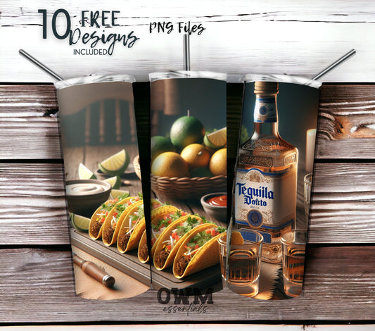 Tacos and Tequila Cinco De Mayo 20 oz Skinny Tumbler Sublimation Design - PNG Instant  - DIGITAL DOWNLOAD