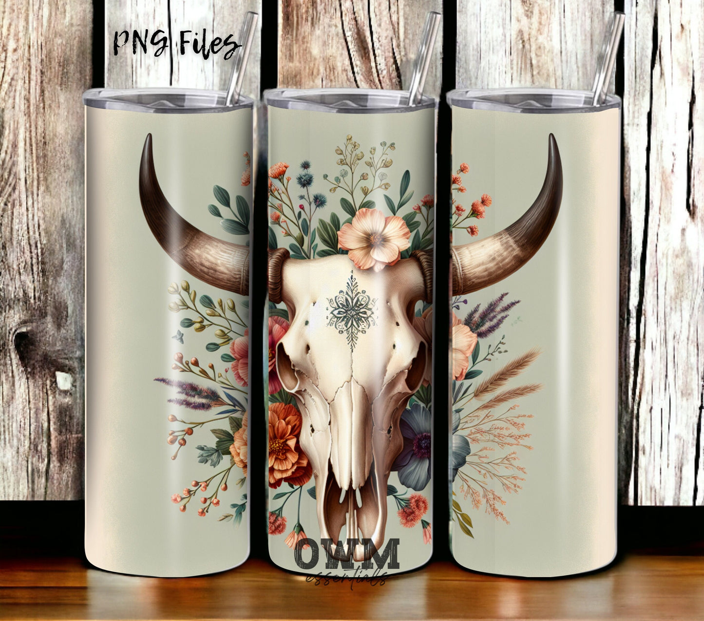 Boho Cow Skull 20 oz Skinny Tumbler Sublimation Design - PNG Instant  - DIGITAL DOWNLOAD