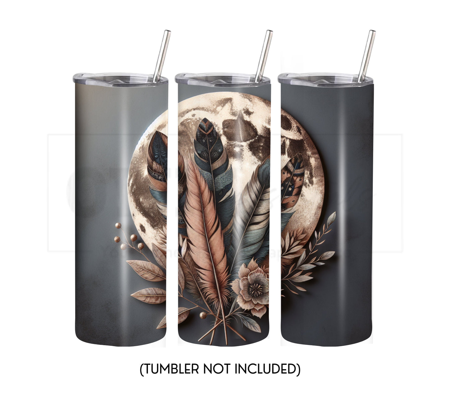 Boho Feathers & Moon 20 oz Skinny Tumbler Sublimation Design - PNG Instant  - DIGITAL DOWNLOAD