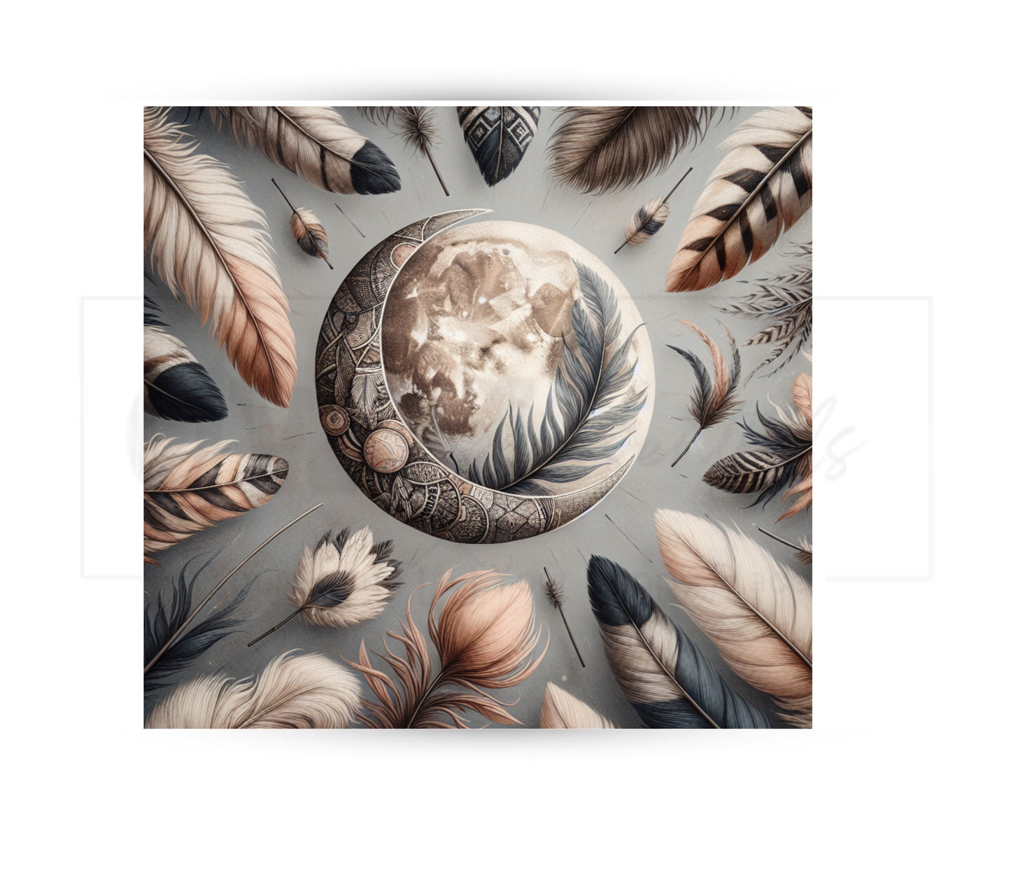 Boho Feathers & Moon 20 oz Skinny Tumbler Sublimation Design - PNG Instant  - DIGITAL DOWNLOAD