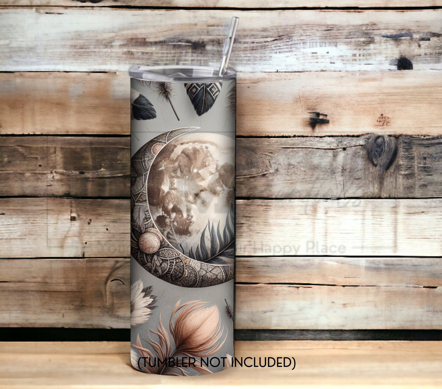 Boho Feathers & Moon 20 oz Skinny Tumbler Sublimation Design - PNG Instant  - DIGITAL DOWNLOAD