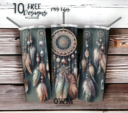 Boho Feathers & Moon 20 oz Skinny Tumbler Sublimation Design - PNG Instant  - DIGITAL DOWNLOAD
