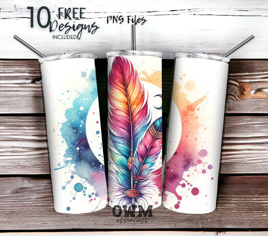 Boho Feathers & Moon 20 oz Skinny Tumbler Sublimation Design - PNG Instant  - DIGITAL DOWNLOAD