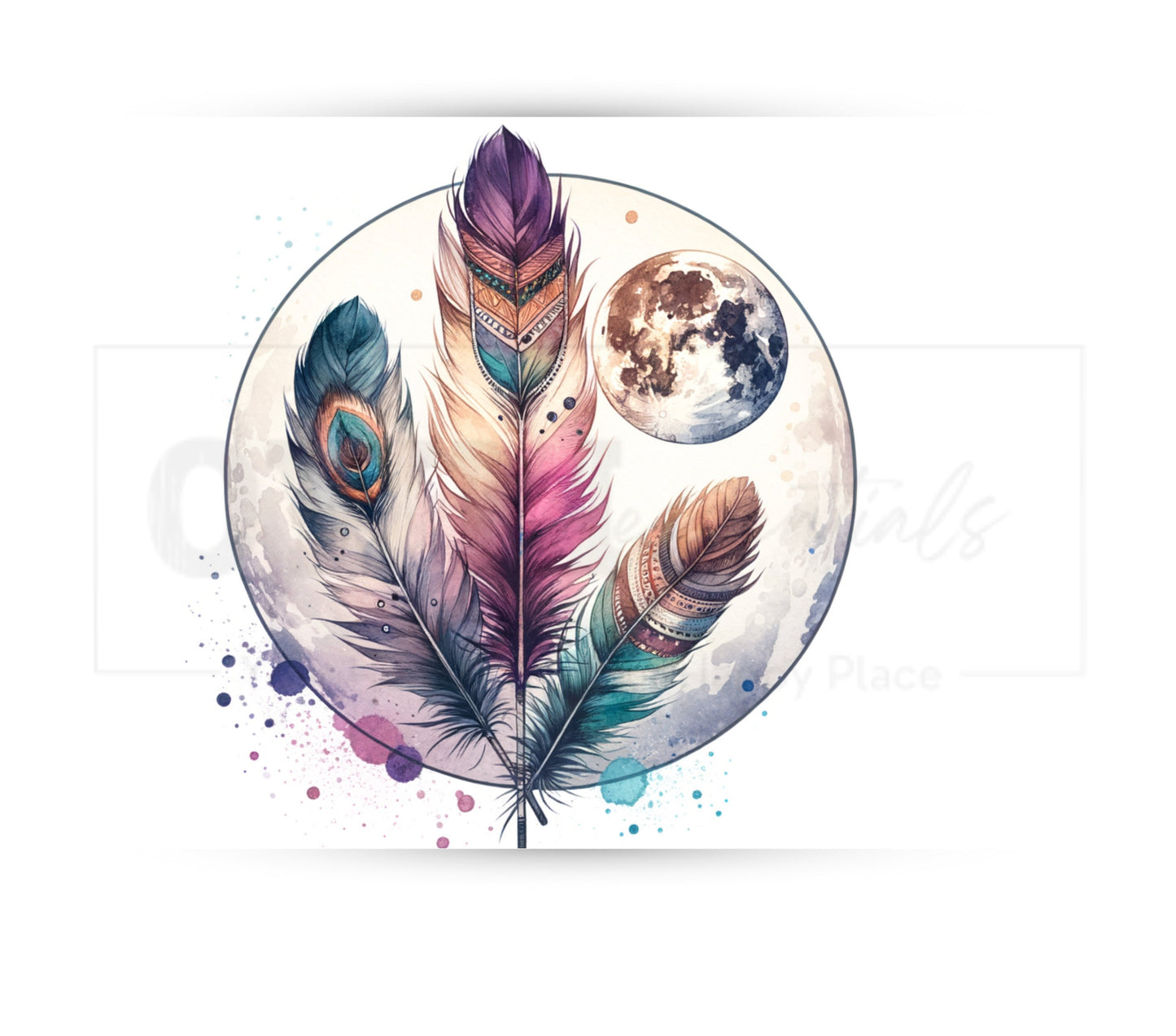 Boho Feathers & Moon 20 oz Skinny Tumbler Sublimation Design - PNG Instant  - DIGITAL DOWNLOAD