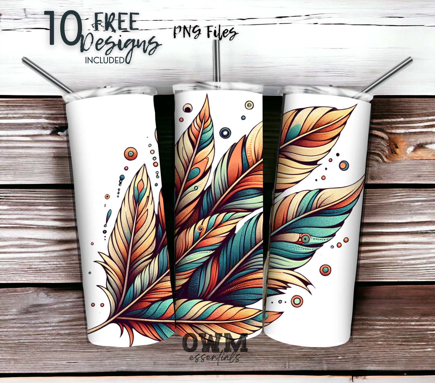 Boho Feathers 20 oz Skinny Tumbler Sublimation Design - PNG Instant  - DIGITAL DOWNLOAD