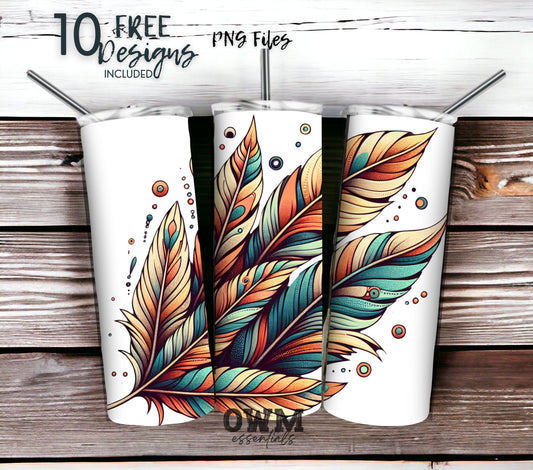 Boho Feathers 20 oz Skinny Tumbler Sublimation Design - PNG Instant  - DIGITAL DOWNLOAD