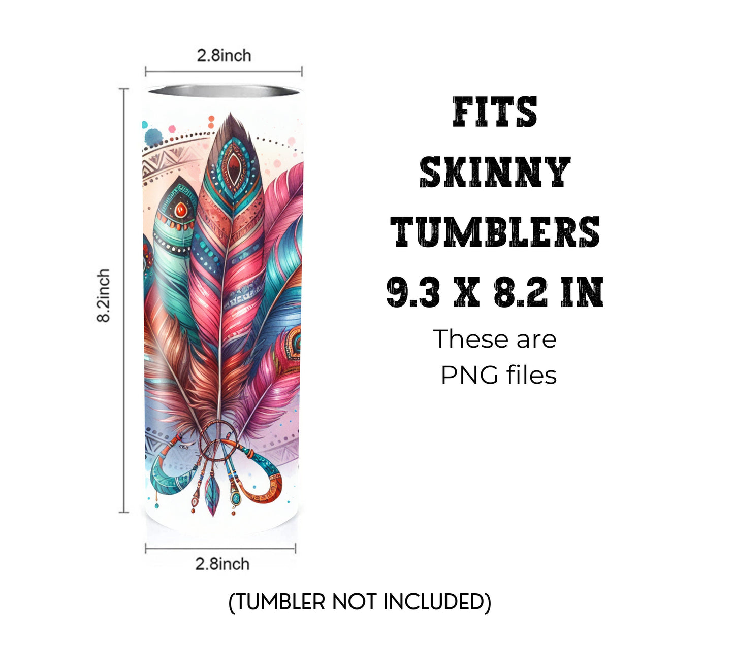 Boho Feathers 20 oz Skinny Tumbler Sublimation Design - PNG Instant  - DIGITAL DOWNLOAD