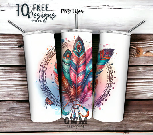 Boho Feathers 20 oz Skinny Tumbler Sublimation Design - PNG Instant  - DIGITAL DOWNLOAD