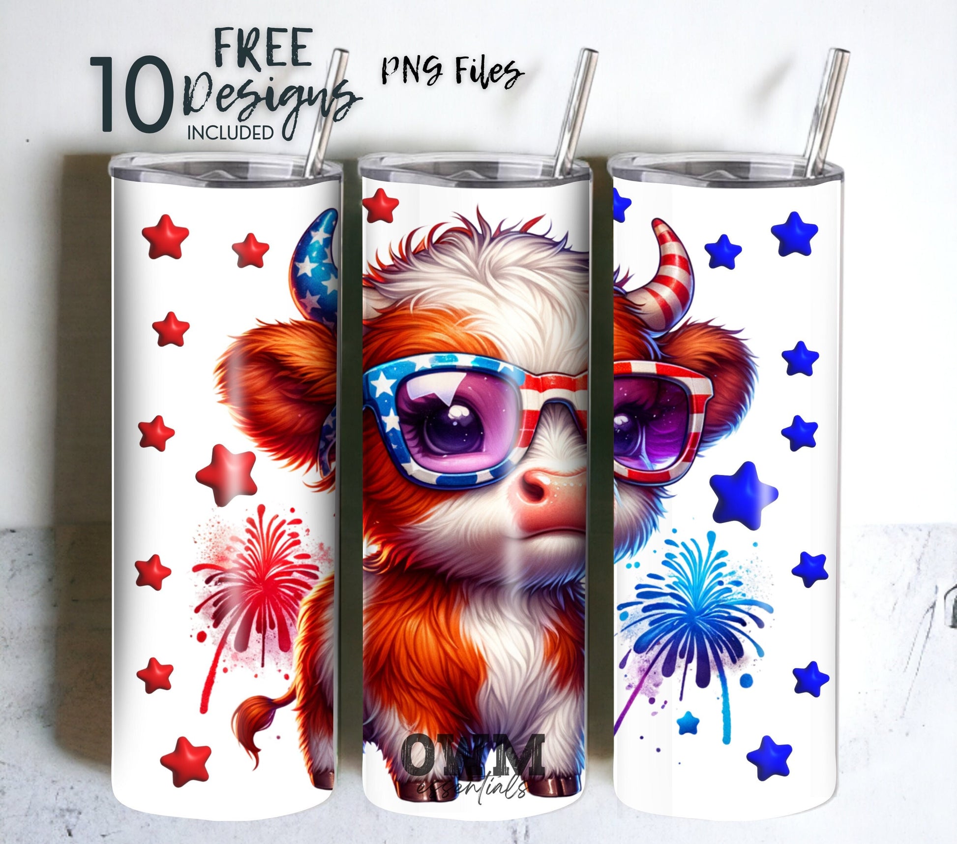 Highland Cow Tumbler Design for sublimation, 4th of July