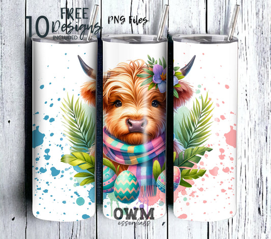 Highland Cow Easter 20 oz Skinny Tumbler Sublimation Design - PNG Instant  - DIGITAL DOWNLOAD
