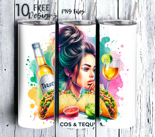 Tacos and Tequila Cinco De Mayo 20 oz Skinny Tumbler Sublimation Design - PNG Instant  - DIGITAL DOWNLOAD