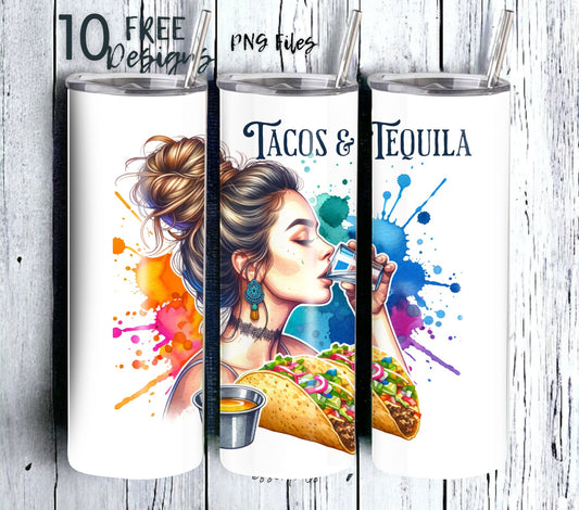 Tacos and Tequila Cinco De Mayo 20 oz Skinny Tumbler Sublimation Design - PNG Instant  - DIGITAL DOWNLOAD