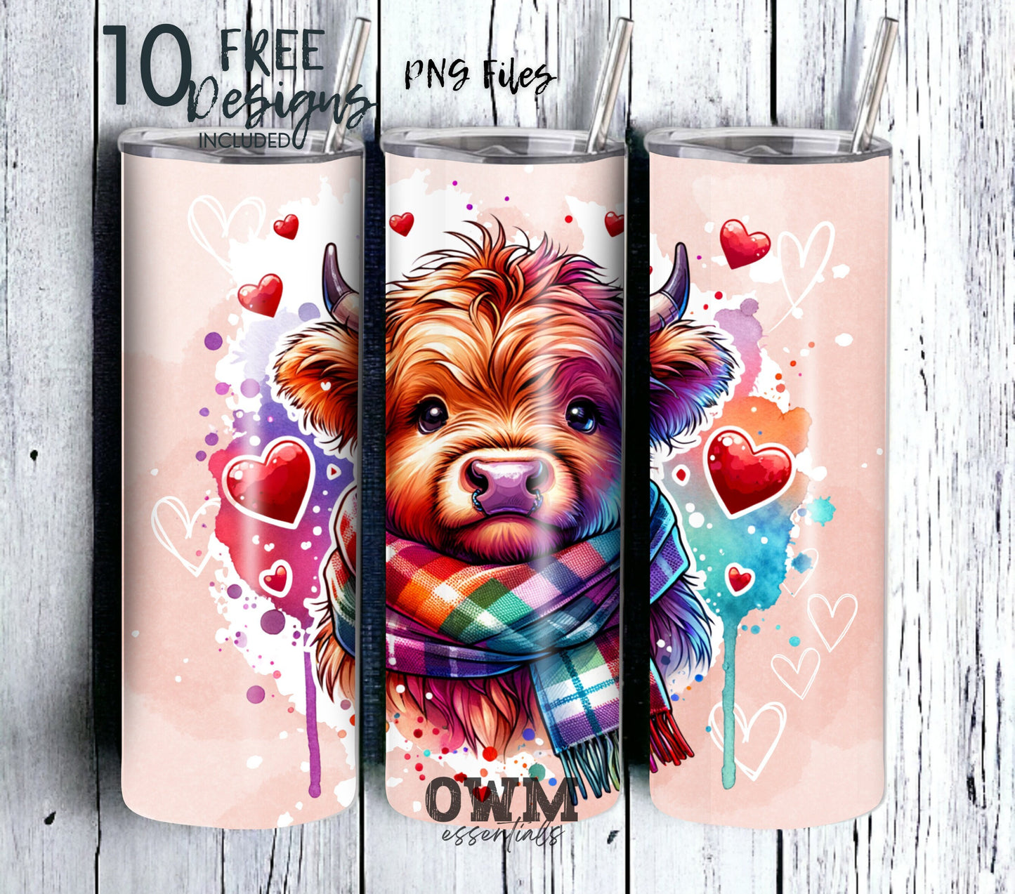 Highland Cow Hearts 20 oz Skinny Tumbler Sublimation Design - PNG Instant  - DIGITAL DOWNLOAD