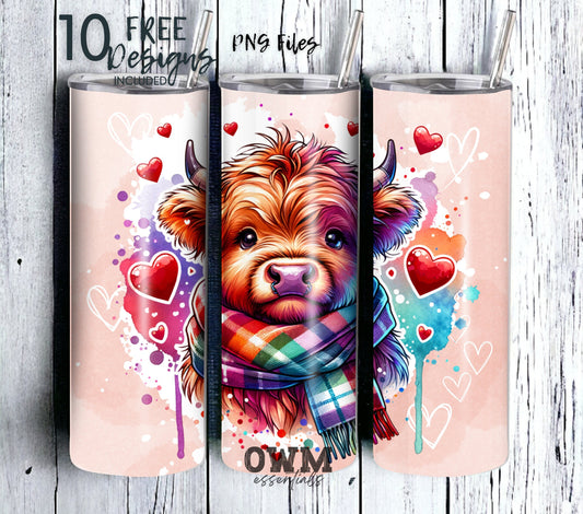Highland Cow Hearts 20 oz Skinny Tumbler Sublimation Design - PNG Instant  - DIGITAL DOWNLOAD