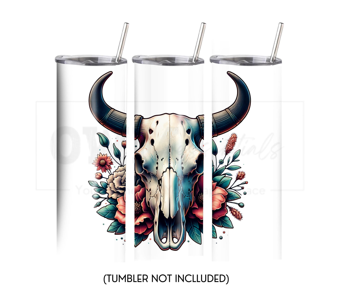 Boho Cow Skull 20 oz Skinny Tumbler Sublimation Design - PNG Instant  - DIGITAL DOWNLOAD