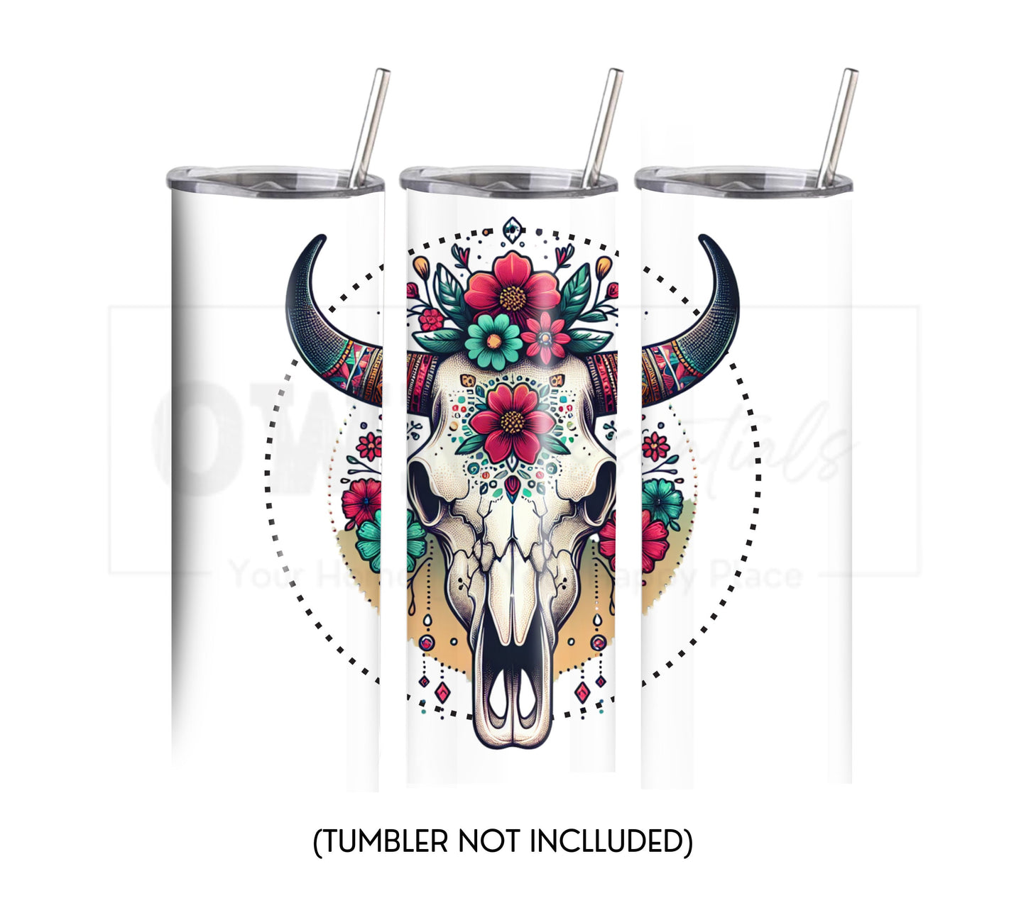 Boho Cow Skull 20 oz Skinny Tumbler Sublimation Design - PNG Instant  - DIGITAL DOWNLOAD