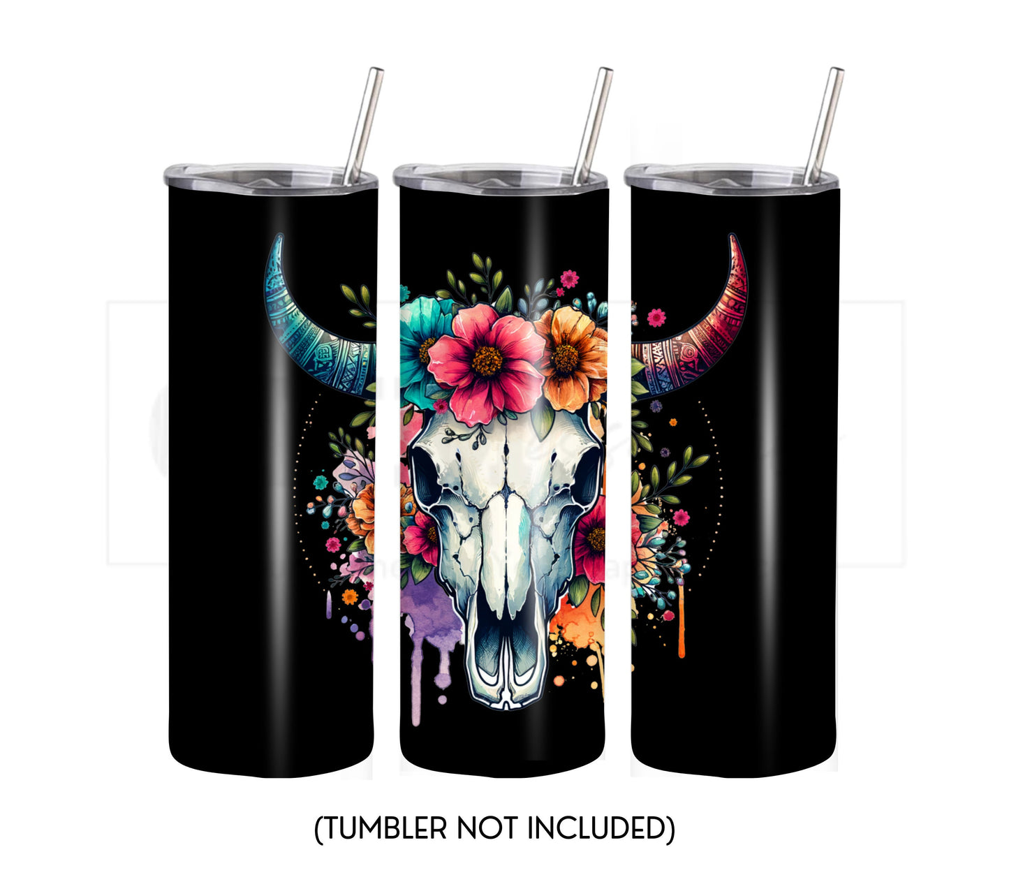 Boho Cow Skull 20 oz Skinny Tumbler Sublimation Design - PNG Instant  - DIGITAL DOWNLOAD