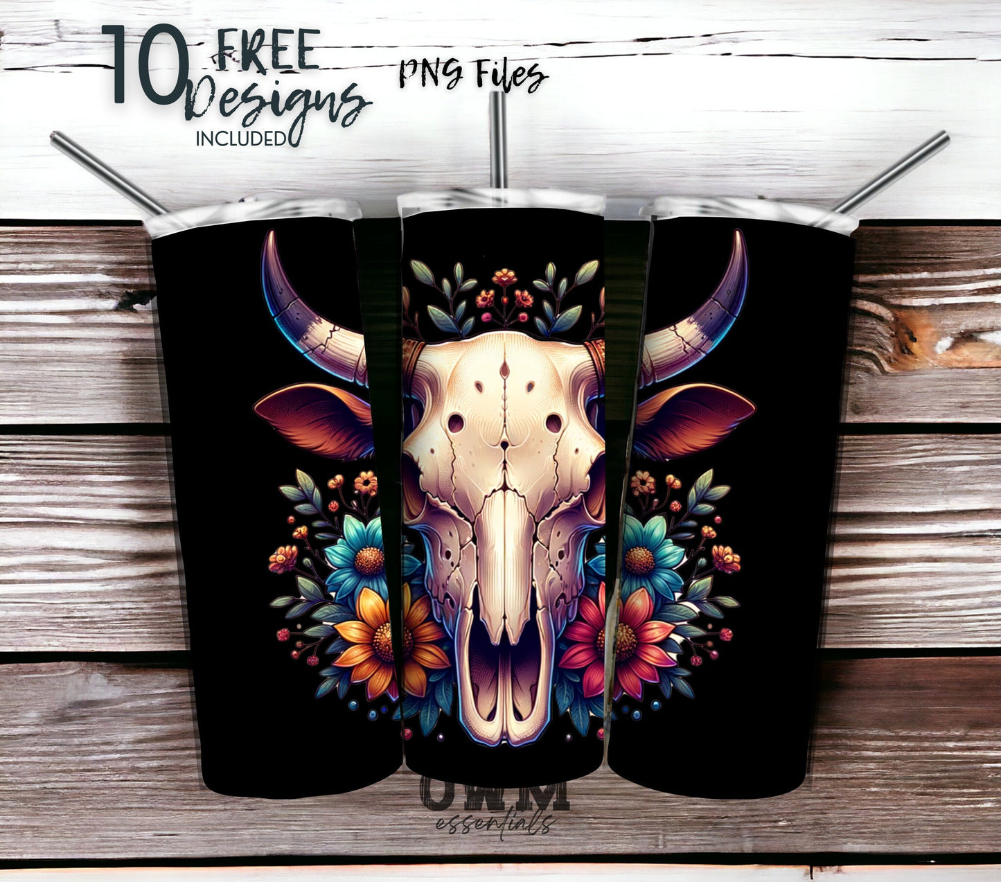 Boho Cow Skull 20 oz Skinny Tumbler Sublimation Design - PNG Instant  - DIGITAL DOWNLOAD