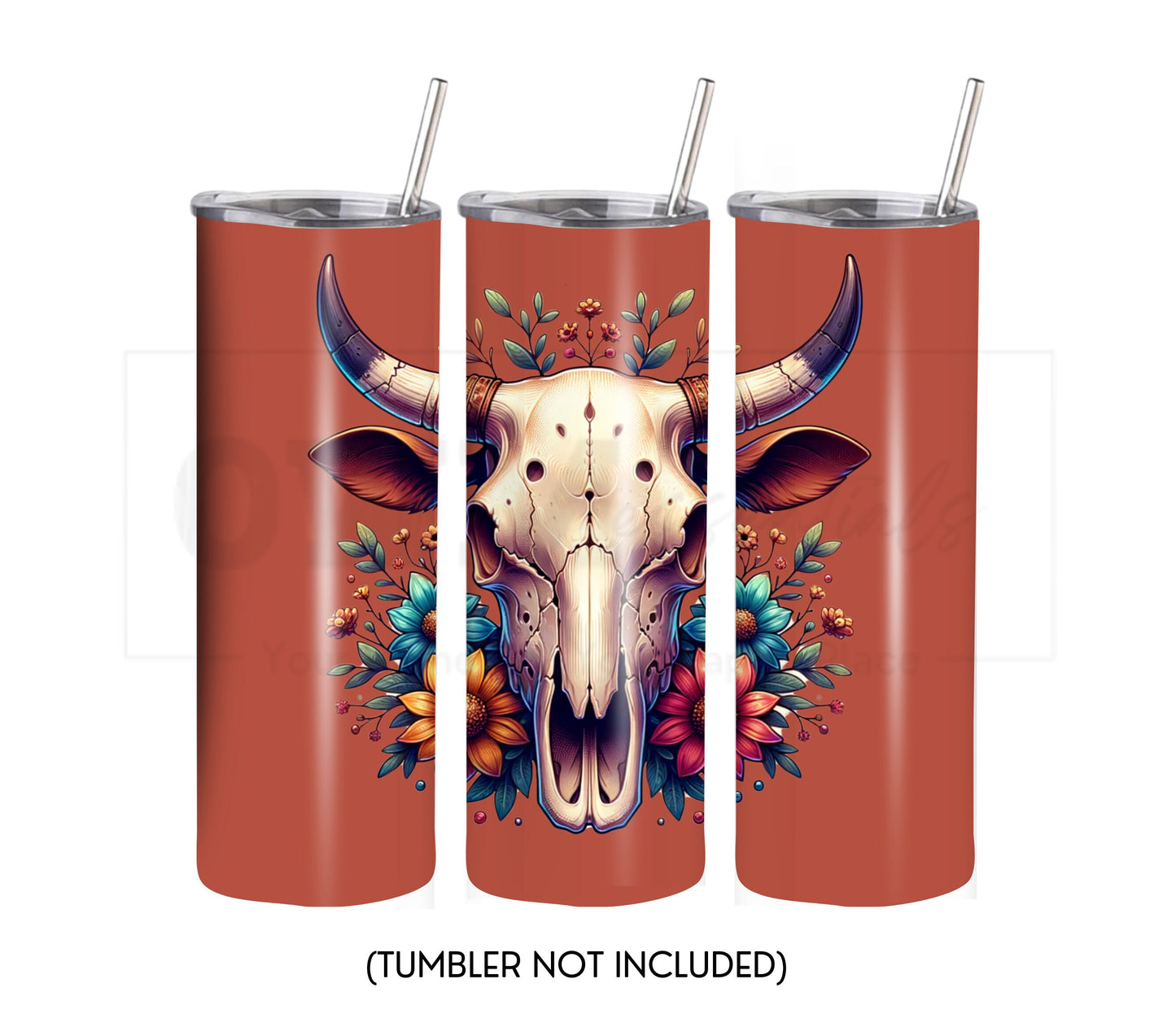 Boho Cow Skull 20 oz Skinny Tumbler Sublimation Design - PNG Instant  - DIGITAL DOWNLOAD