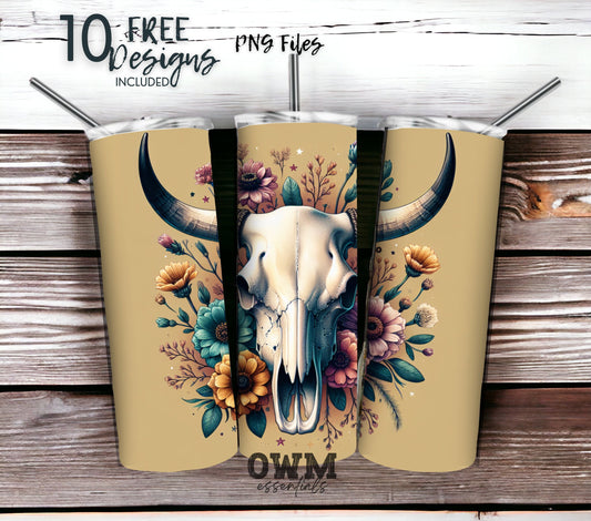 Boho Cow Skull 20 oz Skinny Tumbler Sublimation Design - PNG Instant  - DIGITAL DOWNLOAD