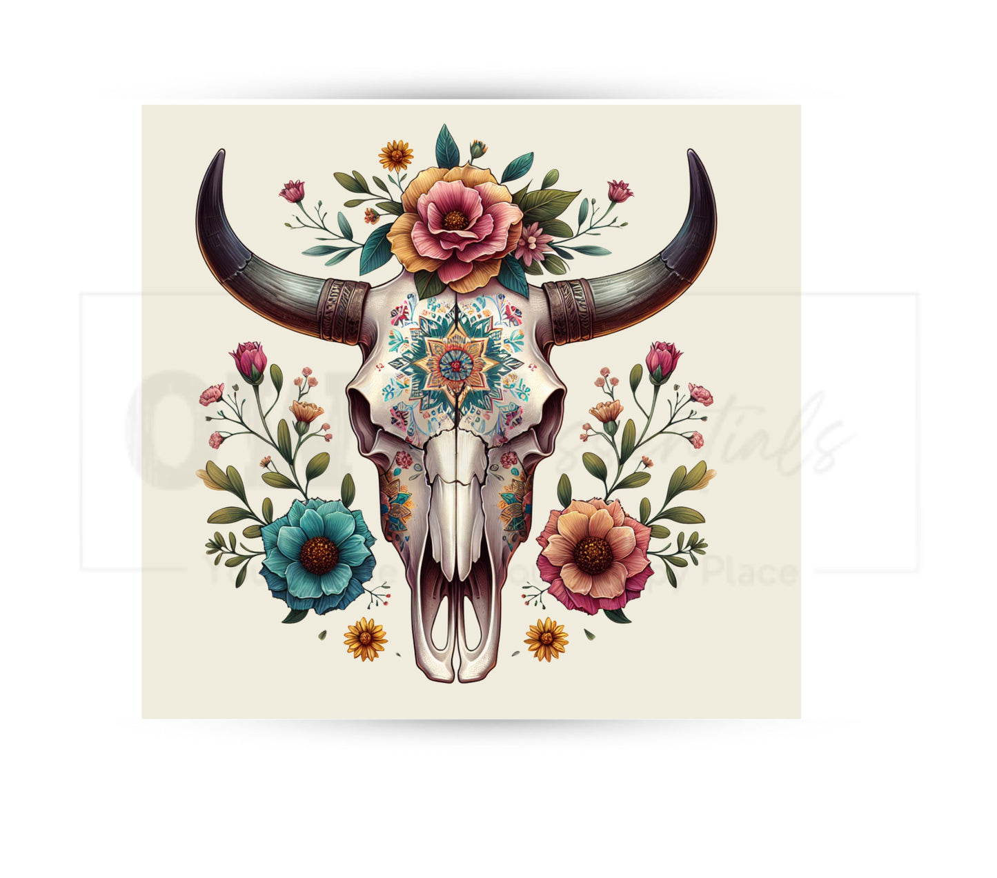 Boho Cow Skull 20 oz Skinny Tumbler Sublimation Design - PNG Instant  - DIGITAL DOWNLOAD